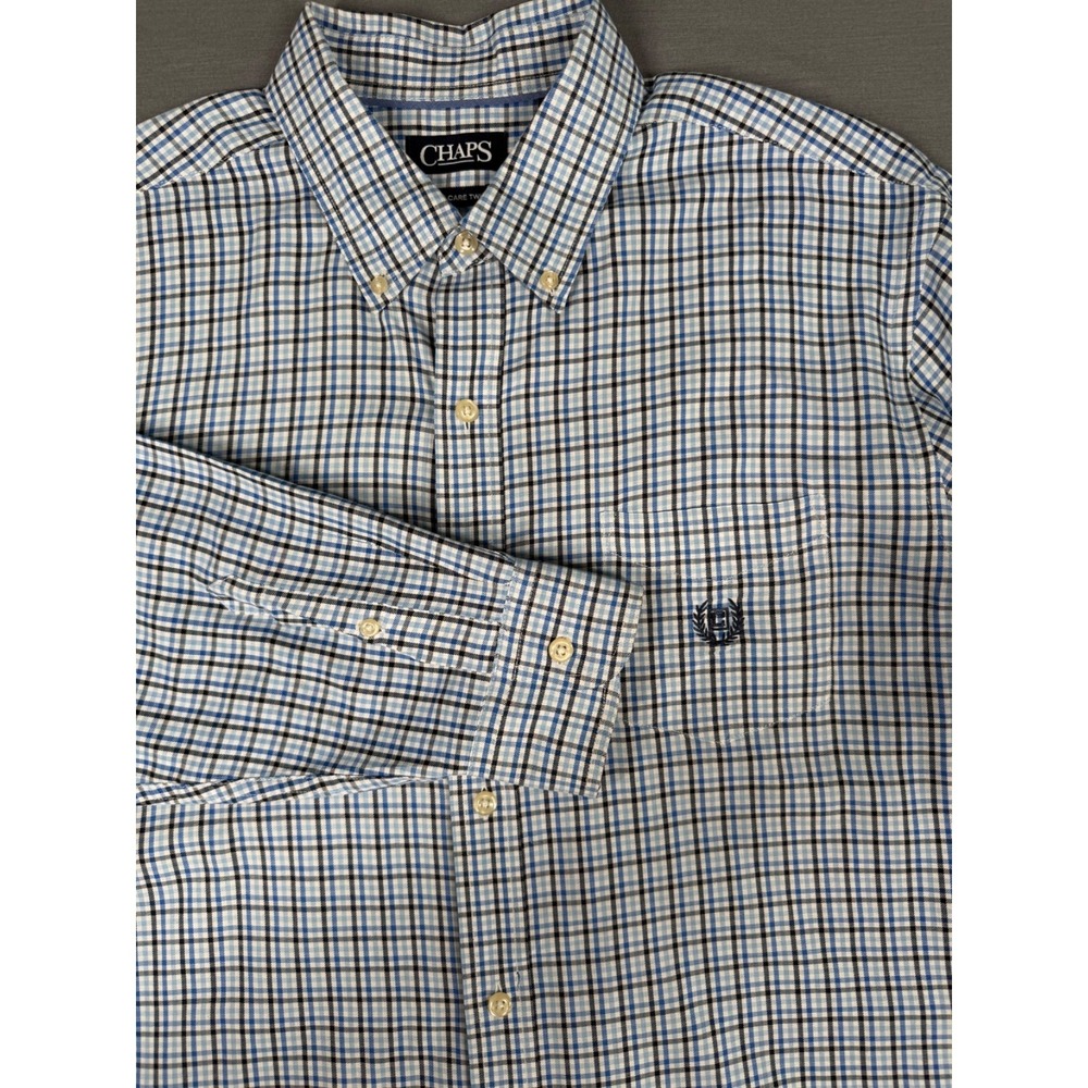 CHAPS Mens XL Blue Check Long Sleeve Button-Down Easy Care Twill Shirt READ